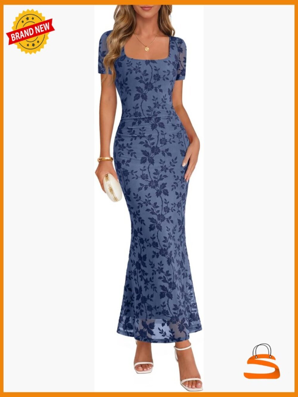 Women's Square Neck Maxi Dress Short Sleeve Bodycon Floral Mermaid Dress